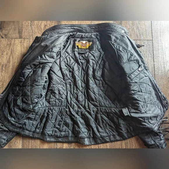 Harley Davidson Women Large MIRAGE Black Leather Fringe Jacket w/ Metal Emblem